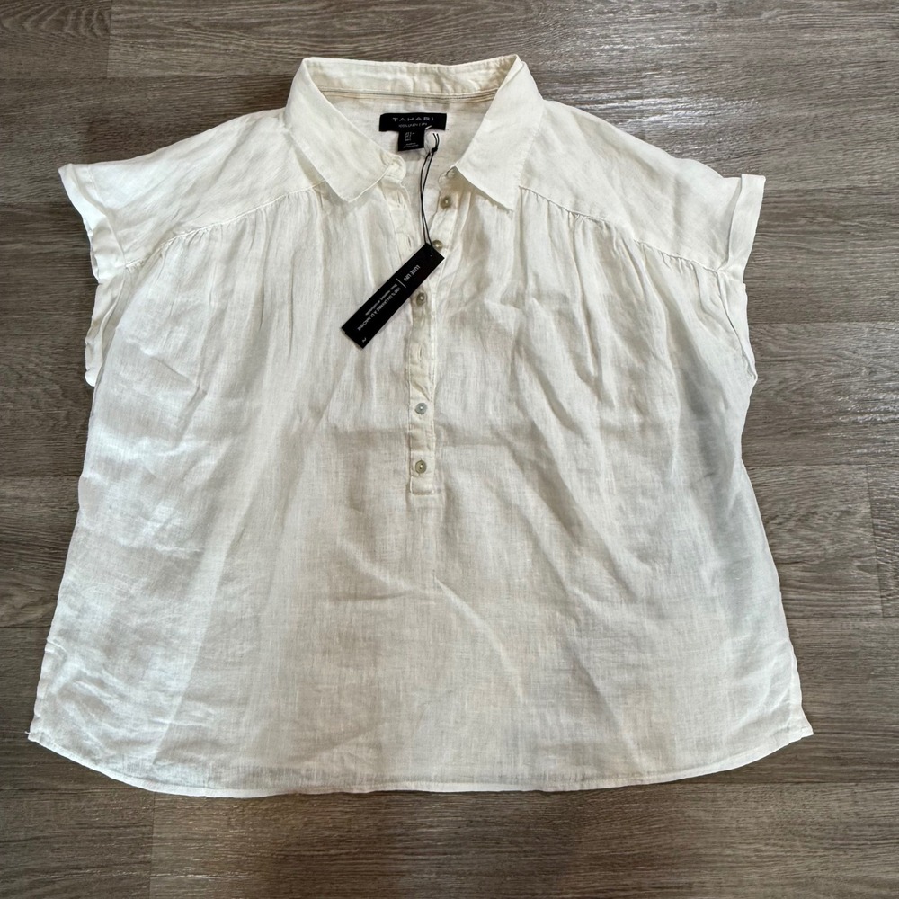 Tahari Luxe Lin Womens White 100% Linen Short Sleeve Button Front Blouse Large